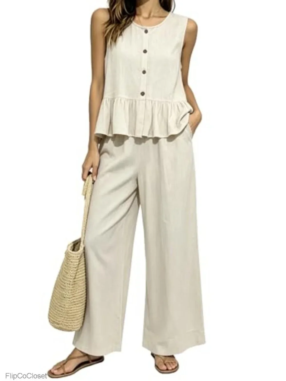 2 Piece Linen Set Sleeveless Ruffle Peplum Top Wide Leg Pants Summer Vacation
